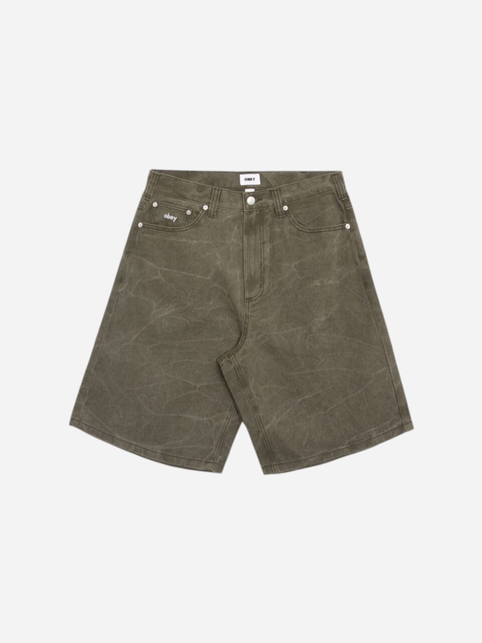 Obey Bigwig Baggy Denim Short Black Olive Wrinkle Wash 172100109